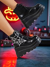 cheap Platform Boots-Women&#039;s Black Platform Boots with Spider Web Design - Chunky Lace-Up Ankle Boots for Halloween,  Cosplay, and Masquerade Balls, Punk and Gothic Style, Comfortable for All-Day Wear