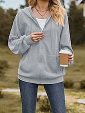 billige Teksturert hettegensere og sweatshirt-Dame Hettegensere med glidelås عادي Gatemote Fritid Langermet Med hette Vanlige topper Gate Ferie Ut på byen Glidelås Lomme Lys Rosa Svart Vin Navyblå Blå Høst Vinter