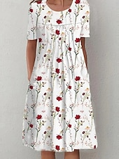abordables Robes fleuries décontractées-Femmes Robe Midi Robe Décontractée Robe d&#039;été Mode Moderne Quotidien Plage Week-end Coupe régulière Fleuri Manche Courte Col ras du cou Blanche Rouge bleu marine Bleu Roi Été