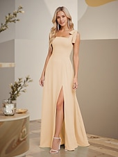abordables Robes de demoiselle d&#039;honneur-Robe de demoiselle d&#039;honneur trapèze, col carré, sans manches, dos ouvert, longueur au sol, en mousseline, avec nœud(s)