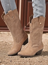 abordables Cowboy et bottes occidentales-Bottes de cowboy style western pour femmes – bottes mi-mollet en similicuir marron pour les festivals d&#039;automne, les citrouilles et les tenues champêtres