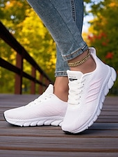 levne Dámské tenisky-Dámské bílé běžecké tenisky z flyknit – lehké prodyšné boty na chůzi pro přechodné období z léta na podzim, sport a každodenní fitness