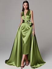 ieftine Rochii de Seară-Rochie de seară elegantă, verde auriu, în linie A, rochie formală de nuntă, lungime până la podea, fără mâneci, decolteu în V, culoarea șampanie, rochie de seară pentru mama miresei, satin elastic cu