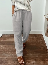 baratos Calça de linho de algodão simples-Mulheres Calças de linho de algodão Calças Roupa de rua Casual Longas Cintura Alta Tecido Bolsos Design de cordão elástico Corte alto Respirabilidade Macio Micro-Elástica Rua Roupa Diária Preto