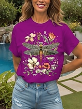 abordables T-shirt Animaux-Femmes T-shirt Fleuri Graphique Libellule ancien Élégant Classique Manche Courte Col ras du cou Col rond Hauts Réguliers Quotidien Week-end Imprimé Noir Blanche Jaune Rose Claire Rouge Été Printemps