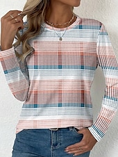 billiga Randig och geometrisk t-shirt-Påsk Dam T-shirt Grafisk Rutig Stylish Modern Ledigt Långärmad Rund hals Vanliga toppar Dagligen Mönster Gul Rodnande Rosa Blå Purpur Grön Sommar Vår Höst