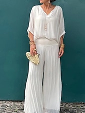 abordables Trajes de blusa para mujer-Mujer Activo Moda Blusa Conjuntos de pantalones Media Manga Escote en Pico Color sólido muslo partido Espalda al Aire Festivos Noche Negro Blanco Verde Claro Otoño Ajuste regular