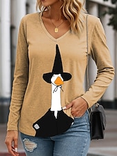 abordables Hauts d&amp;#39;Halloween-Halloween Femmes T-shirt Graphique Halloween Canard Élégant ancien Western manche longue Col en V Hauts Réguliers Quotidien Sortir Week-end Imprimé Bleu Violet Vert Kaki Printemps Automne