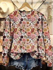 abordables Hauts Floraux-Femmes Sweatshirt Pull Fleuri Graphique Chaud Actif ancien manche longue Col ras du cou Hauts Réguliers Rue Tenue Quotidienne Occasionnel Imprimé Violet Fuchsia Orange Parme Beige Printemps Automne