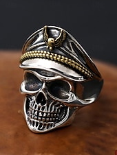 olcso Halloween kiegészítők-Férfi koponyagyűrű tiszti kalappal és sas emblémával – állítható ötvözet halloweeni punk ékszer motoros és gótikus stílushoz