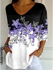 voordelige Bloemen tops-Dames Blouse Bloemig Grafisch Vintage Stijlvol Klassiek 3/4 mouw V-hals Normale tops Dagelijks Zwart en Wit Paars paars Zomer Lente Herfst