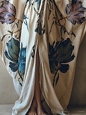 levne Boho šaty-Dámské dlouhé šaty maxi šaty boho šaty ležérní šaty swingové šaty letní šaty vintage prázdninové denní plážové šaty regular střih květinový střih s dlouhým rukávem výstřih do V modrá léto jaro podzim