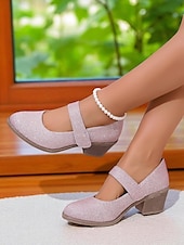 ieftine Block Heels-Pantofi Mary Jane cu toc bloc și sclipici pentru femei – tocuri joase aurii confortabile, cu bareta cu velcro, pentru purtare zilnică, evenimente școlare și ținute de inspirație retro