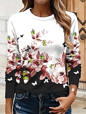 economico T-shirt floreale-Per donna Maglietta Floreale Grafico Farfalla Vintage Elegante Classico Manica Lunga Girocollo Top Regolari Quotidiano Stampato Giallo Rosso Blu Viola Verde Estate Primavera Autunno