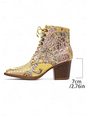abordables années 1930-Bottines à lacets en jacquard jaune pour femmes avec talons épais - bottes courtes baroques de style victorien de la fin du XIXe siècle pour dames, idéales pour les tenues d&#039;automne, les fêtes