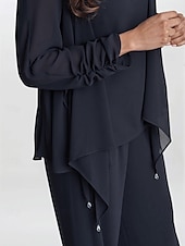 cheap Mom&#039;s Pant Suits-3 Piece Mother of the Bride Pantsuits Elegant Simple Luxurious Square Neck Floor Length Chiffon 3/4 Length Gathered Sleeve with Crystals Cascading Ruffles 2025