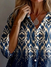 ieftine Topuri boho pentru femei-Pentru femei Cămașă Ombre Grafic Geometric Epocă Tropical Zilnic Manșon Lung Guler Cămașă Topuri obișnuite Muncă Zilnic Concediu Nasturi Imprimeu Bleumarin Vară Primăvară Toamnă