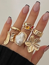 preiswerte Damenringe-6-teiliges Vintage-Goldring-Set für Damen mit Perlen-, Blumen- und Edelsteinakzenten – modische Statement-Legierungsringe für Partys und den Alltag