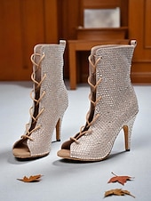 abordables Bottines de danse-Bottines de danse à bout ouvert et strass pour femmes - bottines à talons courts et lacets scintillants pour les spectacles de salon et de scène latins