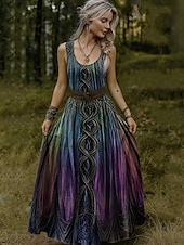 levne Boho šaty-Dámské vintage vikingské šaty s keltskými uzly a gradientním uměním, skládané šaty, prázdninové ležérní boho plážové šaty, regular střih, grafický etnický střih, bez rukávů, výstřih do V, výstřih do U