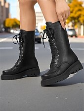 economico Stivali da combattimento-Stivali da combattimento stringati in similpelle nera da donna – stivali a metà polpaccio in stile militare con suola spessa per abbigliamento streetwear autunnale e invernale, uscite casual, moda urbana