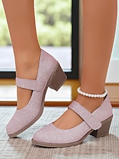 ieftine Block Heels-Pantofi Mary Jane cu toc bloc și sclipici pentru femei – tocuri joase aurii confortabile, cu bareta cu velcro, pentru purtare zilnică, evenimente școlare și ținute de inspirație retro