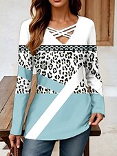ieftine Tricou cu dungi și geometric-Pentru femei Tricou Grafic Animal Leopard Epocă Stilat Clasic Manșon Lung În V Topuri obișnuite Zilnic Eliminat Imprimeu Roz Îmbujorat Mov Albastru Deschis Primăvară Toamnă