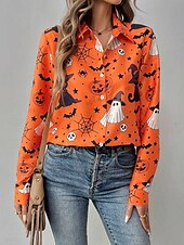 cheap Halloween Tops-Halloween Women&#039;s Shirt Graphic Pumpkin Ghost Elegant Vintage Tropical Long Sleeve Bishop Sleeve Shirt Collar Regular Tops Daily Holiday Print Black Orange Summer Spring Fall