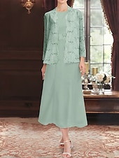 tanie Z kurtką-cekinowa koronkowa dwuczęściowa sukienka dla matki panny młodej elegancka prosta luksusowa szyfonowa łódkowata z dekoltem midi długość bez rękawów z długim rękawem żakiet 2025