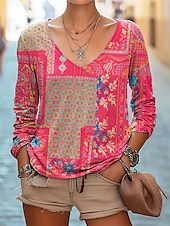 ieftine tricou boho-Pentru femei Bluză Floral Boemia Zilnic Manșon Lung În V Topuri obișnuite Zilnic Concediu Imprimeu Negru Alb Roșu-aprins Bleumarin Verde Smarald Vară Primăvară Toamnă