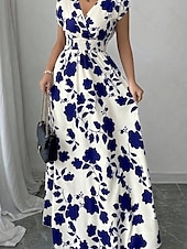 tanie Sukienki kwiatowe-Damskie Sukienka maxi Sukienka A line Urlop Codzienny Boho Na zewnątrz Wyjściowe Luźny / a Kwiaty Krótki rękaw W serek Czarny Czerwony Niebieski Pomarańczowy Lato