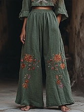 cheap Wide Leg &amp; High Waisted-Women&#039;s Wide Leg Pants Trousers Palazzo Pants Fashion Boho Full Length High Waist Flower Elastic Waist Print Breathability Comfortable Street Daily Wear Going out Army Green Spring Fall Regular Fit
