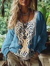 abordables Tops Boho-Blusa de mujer con estampado vintage, informal, para uso diario, de manga larga y cuello en V, estilo tribal, con diseño de árbol de la vida, estilo vintage, básica, para vacaciones, calle, salidas, estampado festivo, para uso diario, azul, para verano, p