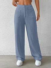 preiswerte Schlichte Hose aus Baumwollleinen-Damen Weites Bein Chinos Mode Basic Lässig Volle Länge Mittlere Taillenlinie Einfarbig Tasche Komfort Außenbereich Unelastisch Urlaub Straße Täglich Schwarz Weiß Blau Aprikose Sommer Frühling Herbst