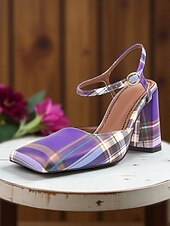 cheap Block Heels-Women&#039;s Purple Plaid Block Heel Pumps –1970s Retro Square Toe High Heels with Ankle Strap for Daily Wear, Office &amp; Vintage Outfits