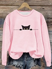 preiswerte Halloween Sweatshirt und Hoodie-Damen Pullover Sweatshirt Grafik Tiermotiv Katze Mode Lässig Langarm Rundhalsausschnitt Normale Oberteile Straße Alltagskleidung Lässig Druck Weiß Rosa Orange Beige Grau Herbst Winter