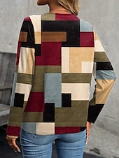 billige Stripe og geometrisk t-skjorte-Dame T skjorte Grafisk Geometrisk Mote Fritid Langermet Crew-hals Vanlige topper Daglig Lapper Knapper Trykt mønster Rød Blå Brun Grønn Vår Høst Vinter