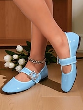 cheap Women&#039;s Flats-Women&#039;s Almond Patent Leather Mary Jane Flats with Rhinestone Buckle  - 1960s Mod Style Comfortable Ballet Shoes for Teens and Ladies, Ideal for School, Parties, and Daily Wear