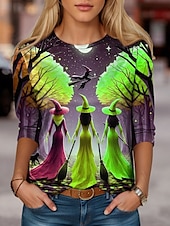ieftine tricou Art &amp; Design-Halloween Pentru femei Tricou Grafic Abstract Vrăjitoare Epocă Stilat Clasic Manșon Lung Stil Nautic Rotund Topuri obișnuite Zilnic Imprimeu Mov Portocaliu Trifoi Vară Primăvară Toamnă