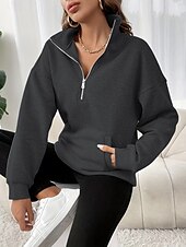 baratos Tops Simples-Mulheres Moletom Tecido Casual Manga Longa Gola Alta Tops regulares Rua Dia a Dia Patchwork Zíper Preto Fúcsia Cinzento Escuro Bege Cinzento Outono Inverno