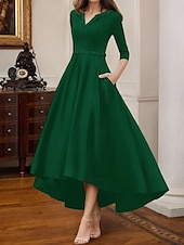 abordables Robes de cocktail-Robe de cocktail trapèze élégante, robe de soirée formelle, longueur thé, robe asymétrique, manches mi-longues, col en V, satin extensible avec poche à perles, 2025