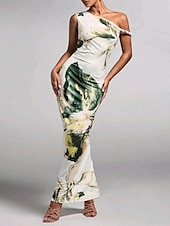 abordables Robes fleuries élégantes-Femmes Robe Longue Maxi Robe Robe Imprimée Mode Extérieur Sortir Week-end Coupe régulière Fleur Sans manches Une Épaule Violet Vert Été