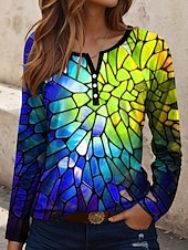 billige Kunst &amp; Design t-skjorte-Dame T skjorte Geometrisk Årgang Stilfull Fritid Langermet Crew-hals Vanlige topper Daglig Trykt mønster Gul Blå Oransje Grønn Vår Høst