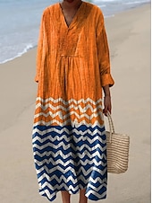 preiswerte Streifen- und geometrische Kleider-Damen Maxikleid Sommerkleid A Linie Kleid Urlaub Lässig Boho Party Ausgehen Strand Grafik Geometrisch Langarm V Ausschnitt Gelb Purpur Orange Sommer Frühling Herbst