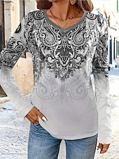 abordables T-shirt Boho-Femmes T-shirt Graphique Géométrie ancien Élégant Occasionnel manche longue Col en V Hauts Réguliers Quotidien Imprimé Rouge Bleu Violet Vert Gris Printemps Automne