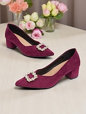 abordables Block Heels-Zapatos de tacón de bloque de ante burdeos para mujer con hebilla de diamantes de imitación: elegantes zapatos de vestir de estilo retro para mujer, ideales para la oficina, bodas y fiestas.