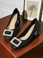 olcso Block Heels-női bézs színű, szögletes orrú, alacsony sarkú, műbőr lapos talpú cipő gyöngycsattal, elegáns hétköznapi megjelenéshez és mindennapi randevúkhoz