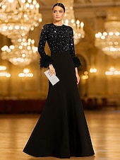 cheap RED-Red Black Tie Sequin Mermaid Evening Gown Elegant Dress Formal Wedding Floor Length Long Sleeve Crew Neck Stretch Crepe with Feather