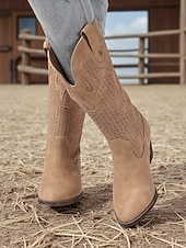 abordables Cowboy et bottes occidentales-Bottes de cowboy style western pour femmes – bottes mi-mollet en similicuir marron pour les festivals d&#039;automne, les citrouilles et les tenues champêtres