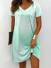 billiga Blommiga klänningar-Dam Mini klänning Vardagsklänning T shirtklänning Solklänning A linjeklänning Semester Ledigt Boho Strand Normal Nyans Grafisk Löv Kortärmad V-hals Rodnande Rosa Blå Purpur Grön Sommar Vår